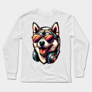 Swedish Vallhund DJ Smiling with Lively Rhythms Long Sleeve T-Shirt